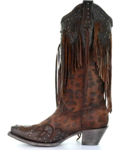 Corral Women's Leopard Stud & Fringe Western Boots - Snip Toe -Coral Shoes Shop 2000241028 271 LT